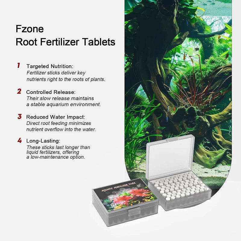Tablettes d'engrais racine emballées pour plantes aquatiques, à côté d'une grande plante verte.