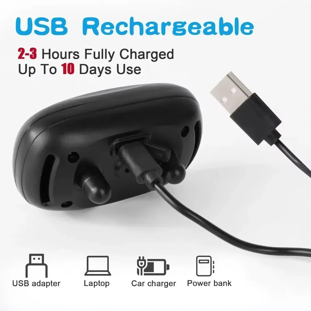 Black USB rechargeable device shown with a cable, suitable for laptop, car charging, or power bank.