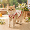 A fluffy orange tabby cat wearing a white pet vest with red ruffled strawberry print
