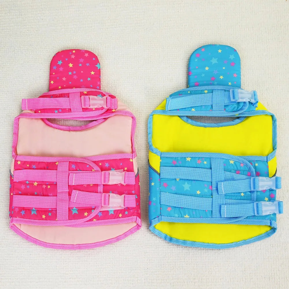 Pink and blue dog life jacket for swimming and safety with stars