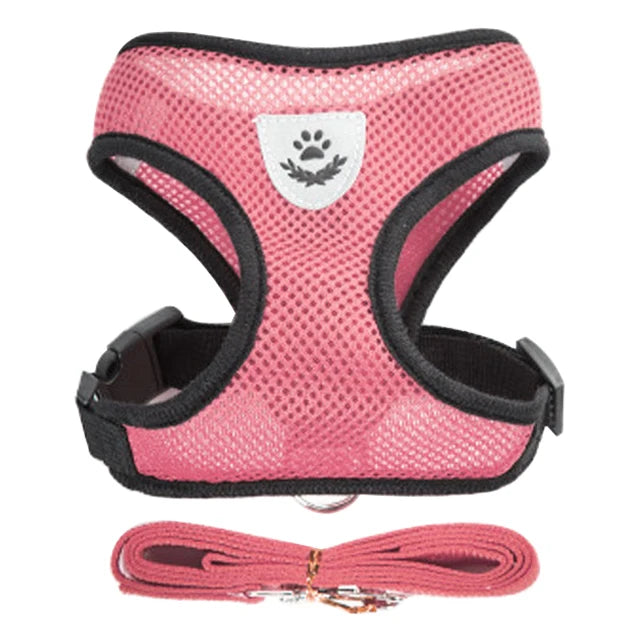Pink pet harness and leash set for dogs and cats with a paw print design