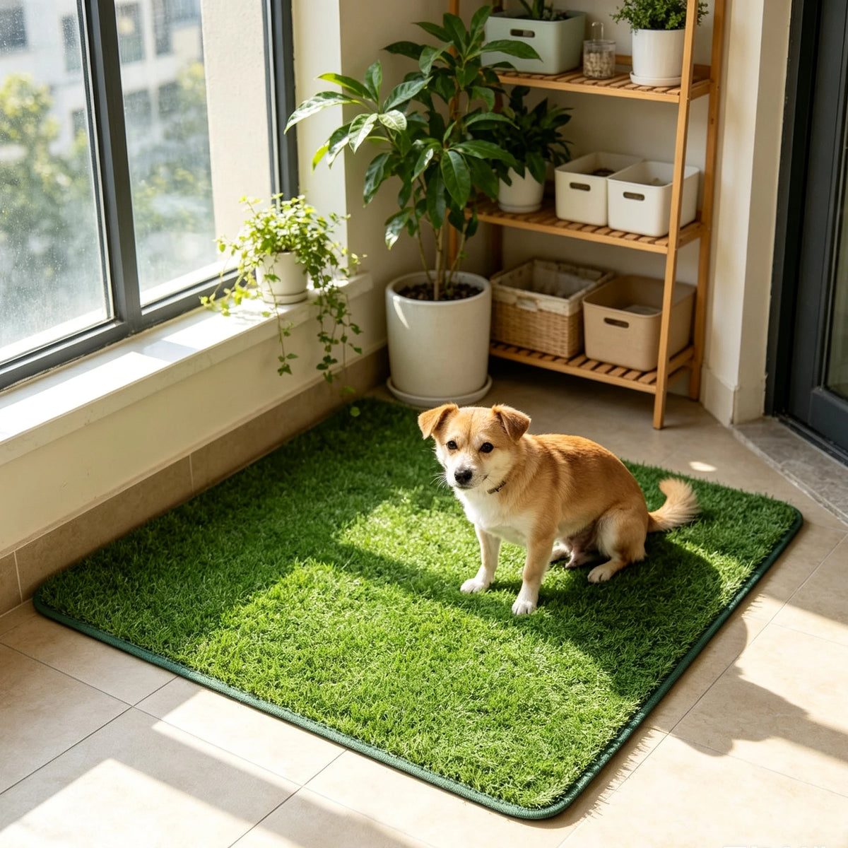 Ein goldener Hund sitzt auf einer grünen Kunstgrைகளை-Windelmatte drinnen neben einem Fenster.