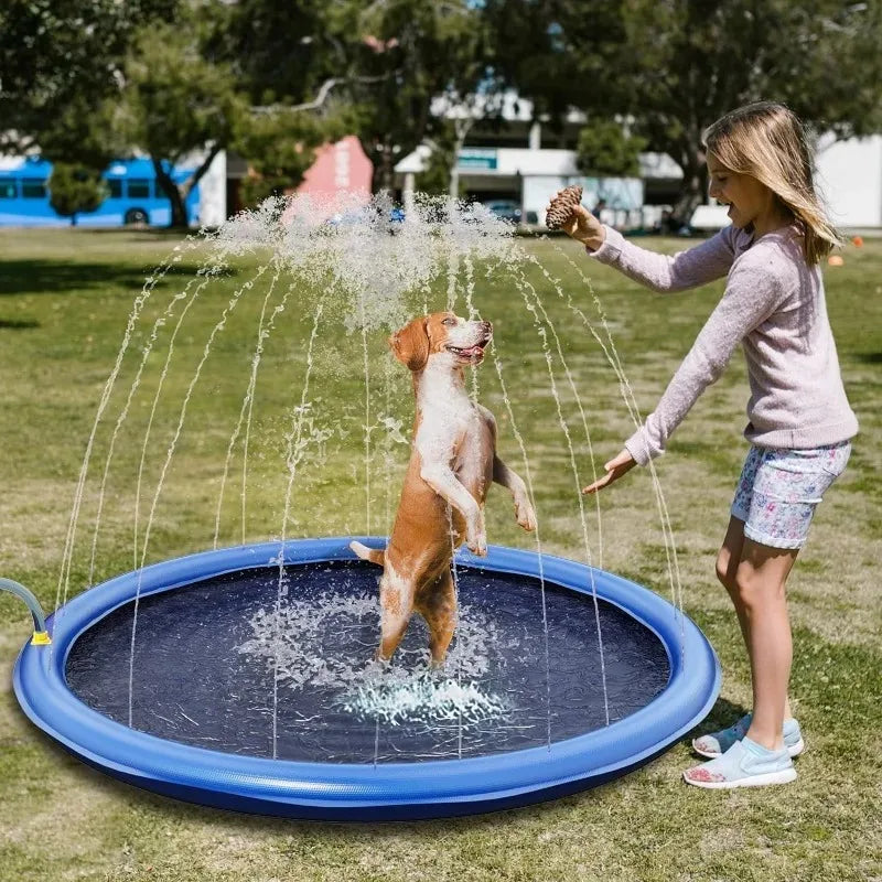A dog is being sprayed by a water fountain from an inflatable splash pad mat in a grassy outdoor setting.