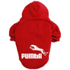 A red fleece dog hoodie featuring a white puma graphic.