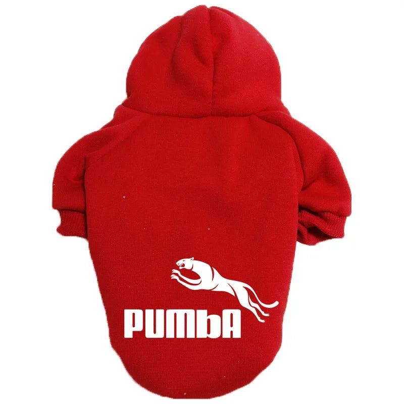 A red fleece dog hoodie featuring a white puma graphic.