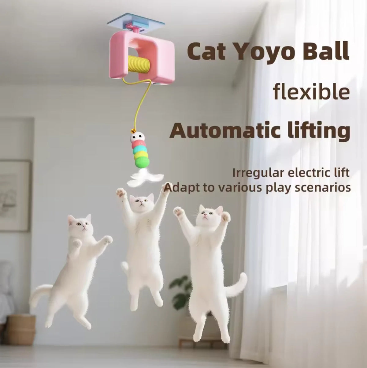 Eine weiße Katze wird von einem rosa automatischen elektrischen Spielzeug namens Cat Yoyo Ball gehoben.