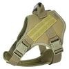 Olive green tactical dog harness with a reflective vest for training and outdoor adventures
