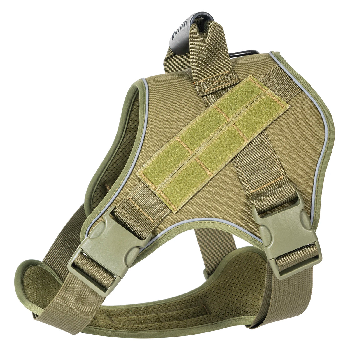 Olive green tactical dog harness with a reflective vest for training and outdoor adventures