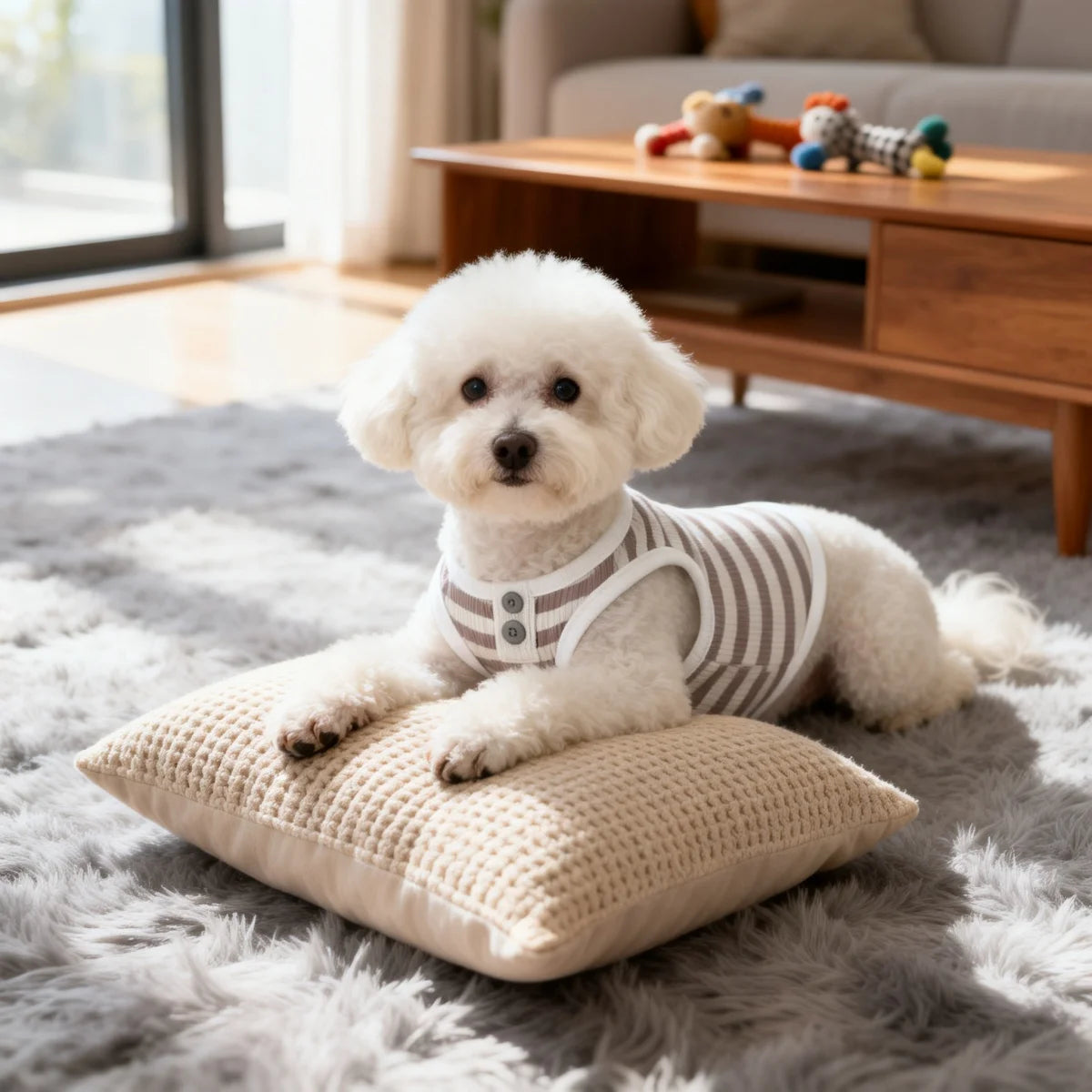 A fluffy white dog lies on a gray rug resting on a beige waffle knit cushion.