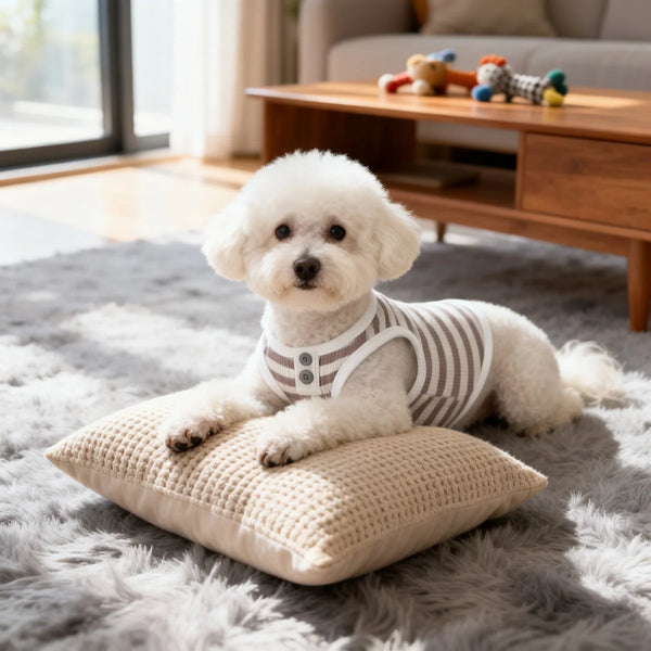 A fluffy white dog lies on a gray rug resting on a beige waffle knit cushion.