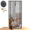 Una puerta mosquitera para mascotas resistente con panel de malla y marco negro, junto a un gato y un niño.