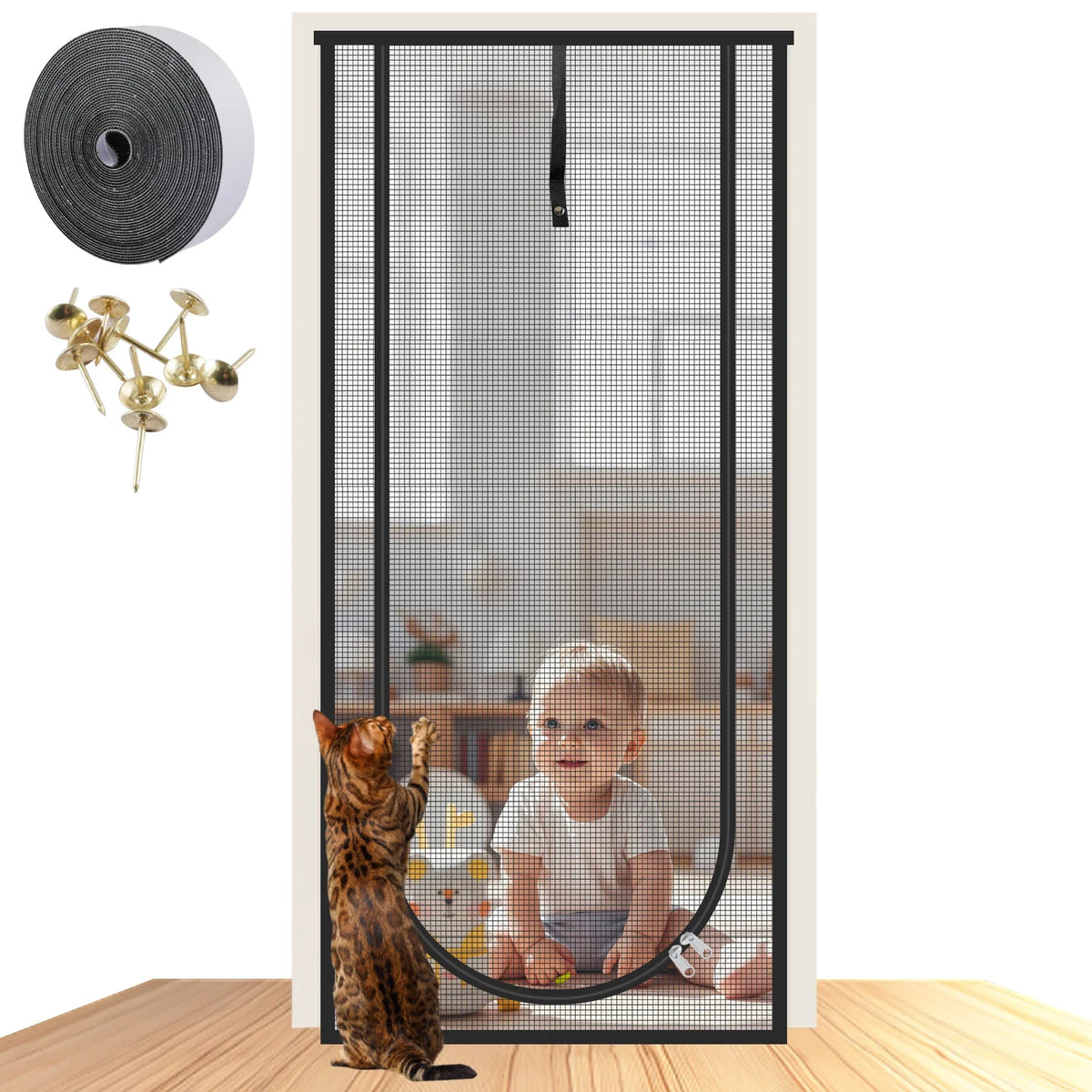 Una puerta mosquitera para mascotas resistente con panel de malla y marco negro, junto a un gato y un niño.