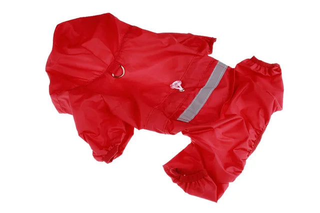 Red waterproof raincoat for dogs with a reflective stripe