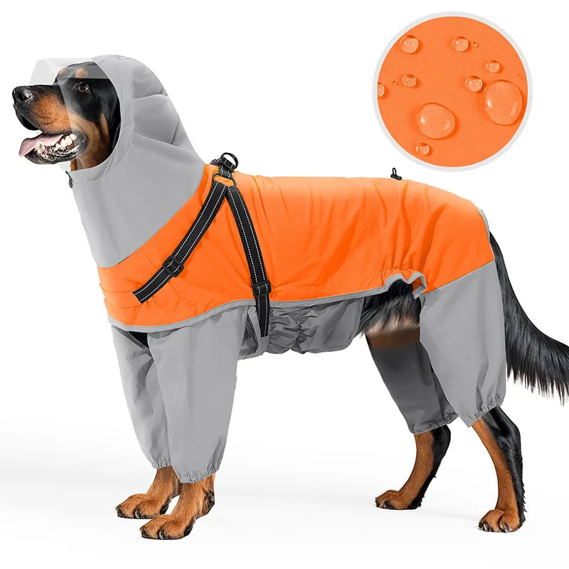 An orange and gray waterproof dog raincoat with a hood is shown in a side profile.