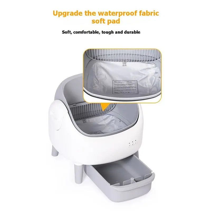 A white waterproof replacement liner for a self-cleaning litter box is shown with its lid open.