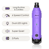 A purple rechargeable dog nail grinder with features including long-runtime, 6 speed control, dual LED lights, super quiet op