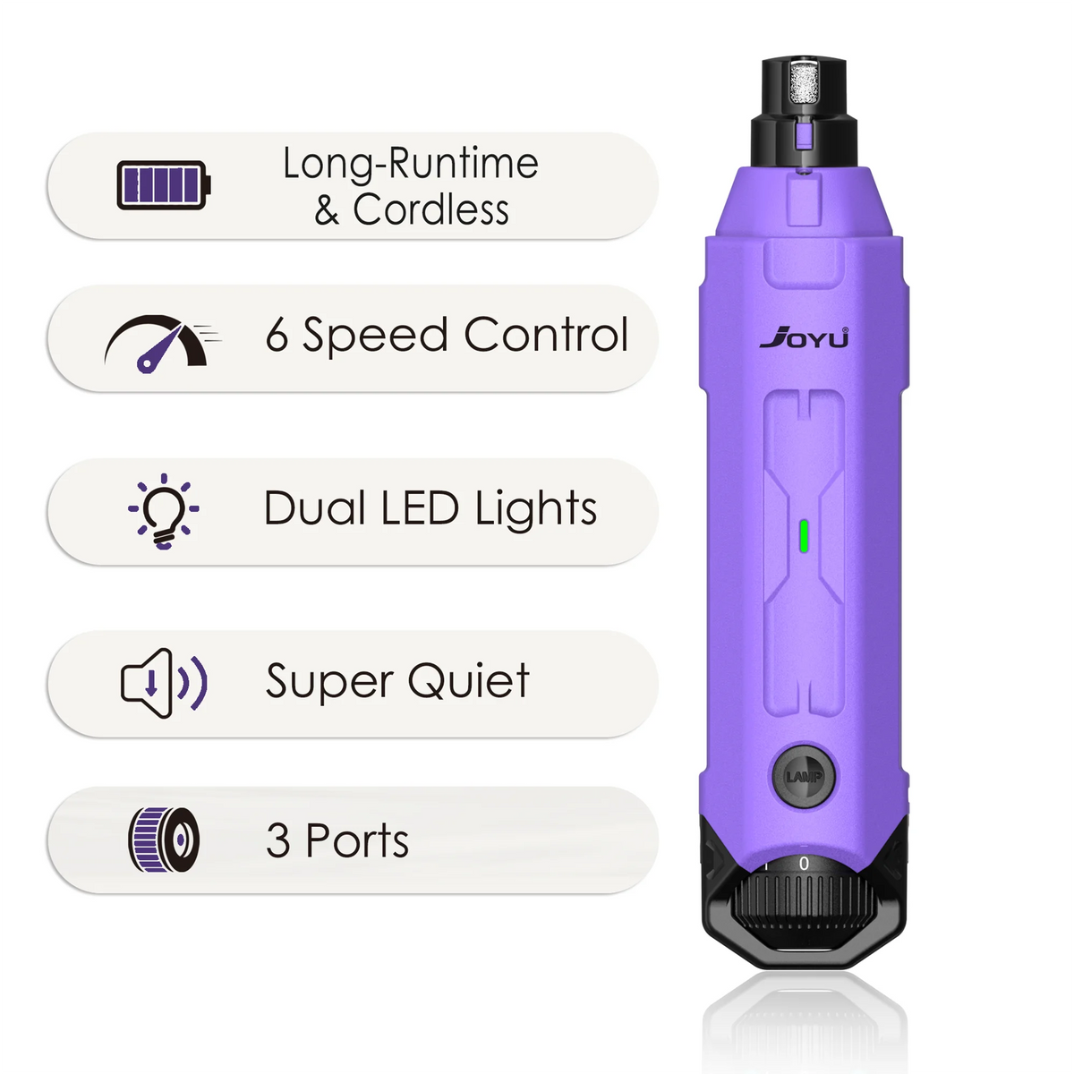 A purple rechargeable dog nail grinder with features including long-runtime, 6 speed control, dual LED lights, super quiet op