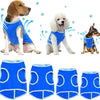 A collection of blue and white breathable dog cooling vests for dogs.
