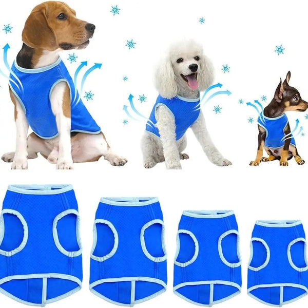 A collection of blue and white breathable dog cooling vests for dogs.