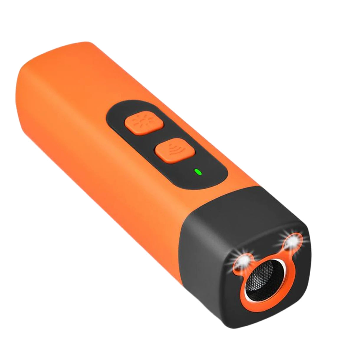 An orange and black ultrasonic dog bark deterrent training device with a visible speaker opening.