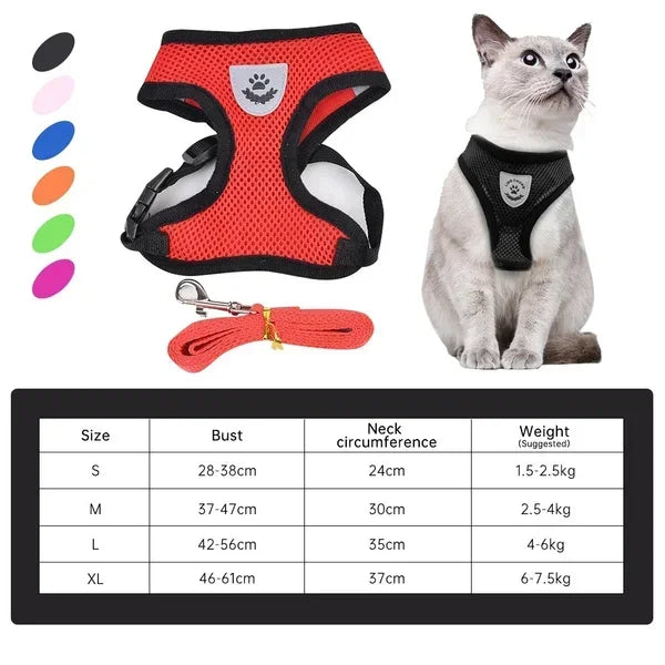 A red pet harness for a cat is shown next to a size chart detailing various sizes and neck circumferences.