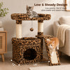 A low and steady cat tree with leopard print sisal scratching posts and cozy perches for a kitten.