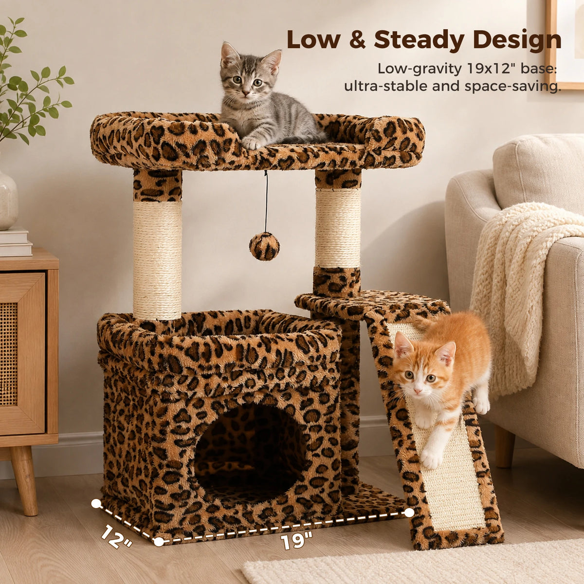 A low and steady cat tree with leopard print sisal scratching posts and cozy perches for a kitten.