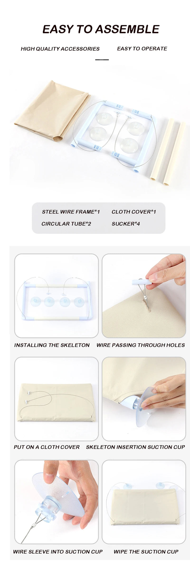 Instructions showing how to assemble and operate an aerial hammock cat bed using various components like a steel wire frame a