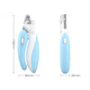 A pair of light blue and white professional pet nail clippers shown with dimension lines.