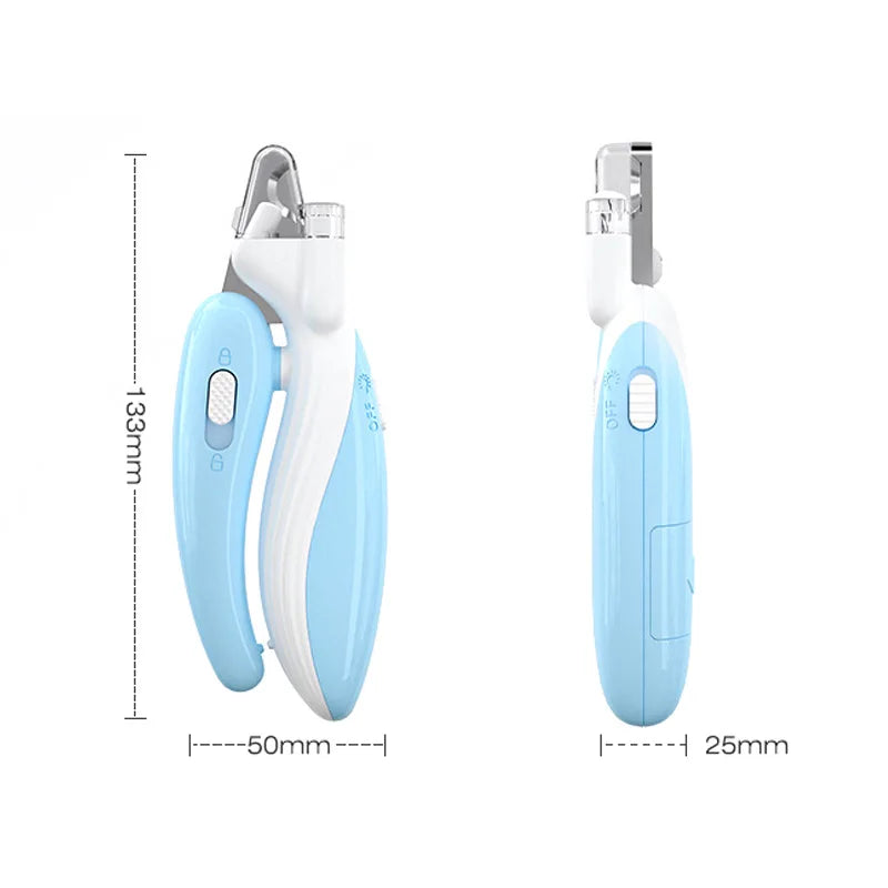 A pair of light blue and white professional pet nail clippers shown with dimension lines.