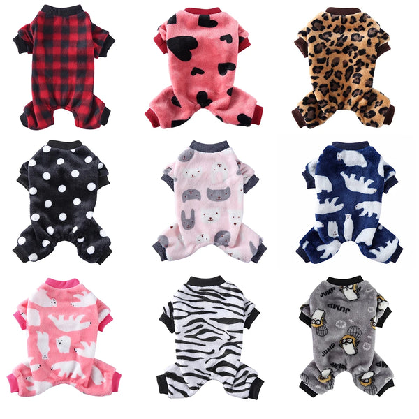 A collection of cozy winter overalls for small dogs in various patterns including plaid, pink, leopard print, and black polka