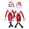 A pair of red cartoon skeleton dog plush toys with white hair and features.