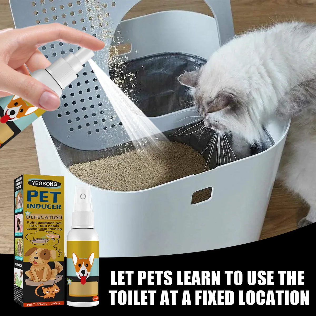 A hand sprays pet inducer liquid into a pet potty training box for dogs and cats.