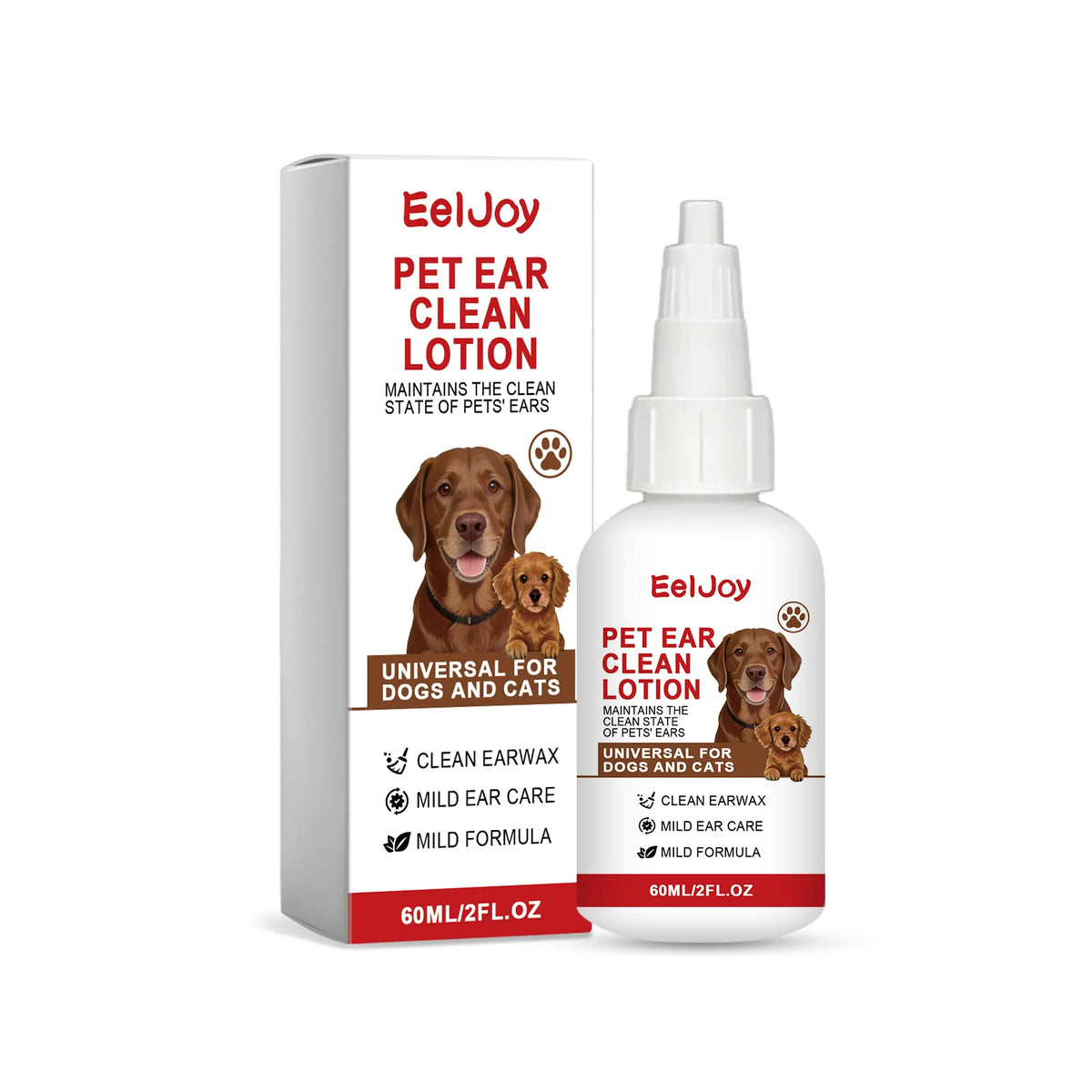 A bottle of EelJoy Pet Ear Clean Lotion for dogs and cats with a box and applicator.