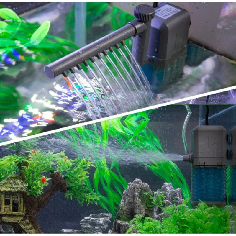 A quiet 3-in-1 aquarium filter pump is shown spraying water and oxygenating a vibrant green aquatic environment.