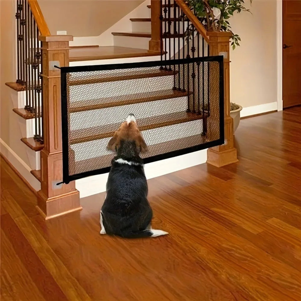 Ein Hund sitzt vor einem schwarzen Maschendrahttor an einer Holztreppengeländer.