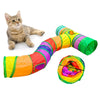 A tabby kitten is sitting next to a colorful, flexible play tunnel for indoor cat exercise.