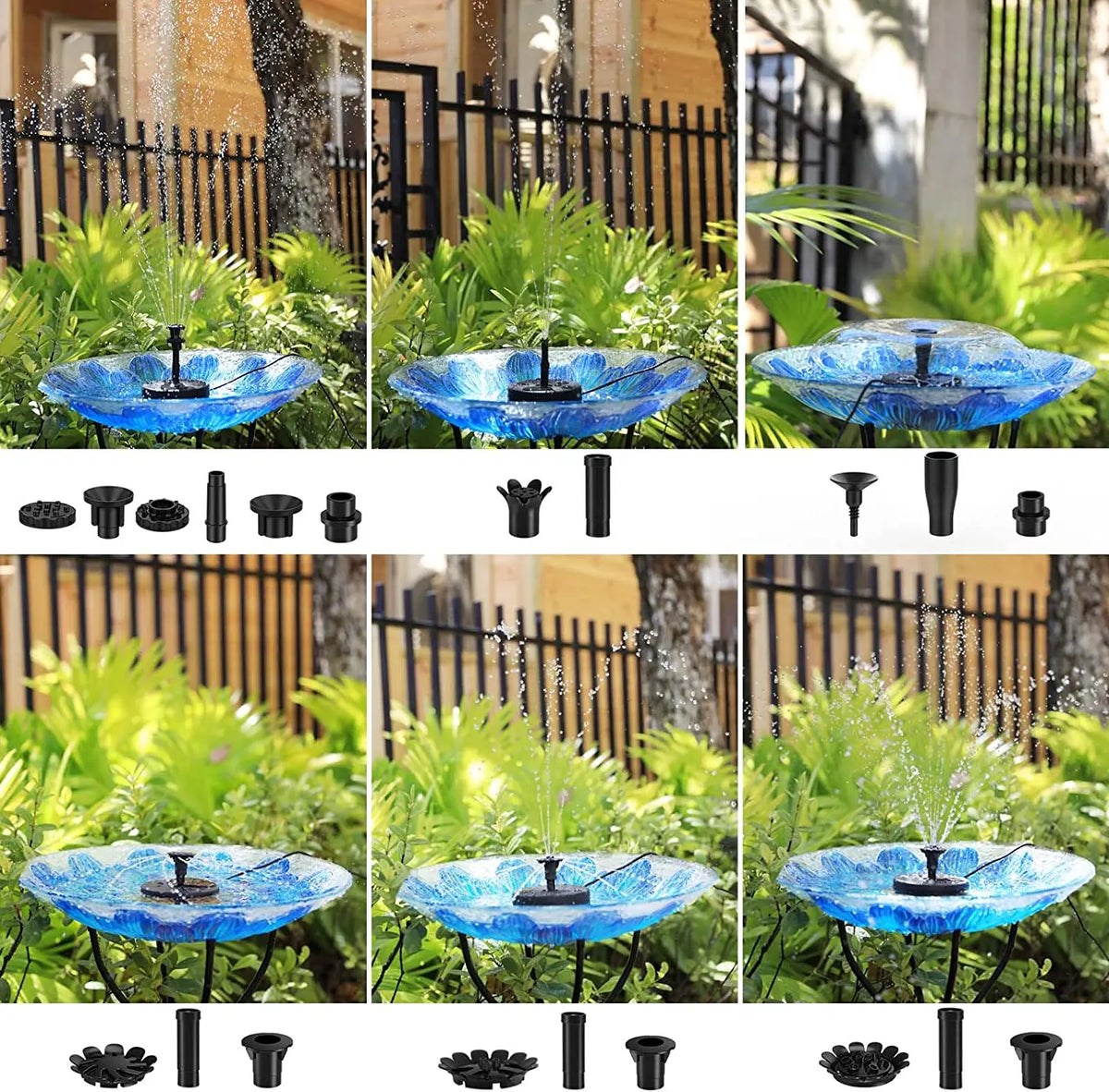A solar powered water fountain featuring a blue ceramic bowl spraying water in a garden setting.