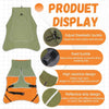 A green dog raincoat display showing features like an adjustable elastic buckle, fixed buckle, high neckline design, and refl