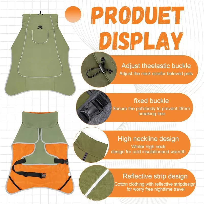 A green dog raincoat display showing features like an adjustable elastic buckle, fixed buckle, high neckline design, and refl