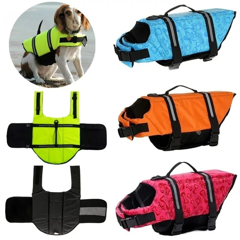 Colección de chalecos reflectantes amarillos, naranjas y rosas para perros, para seguridad acuática.