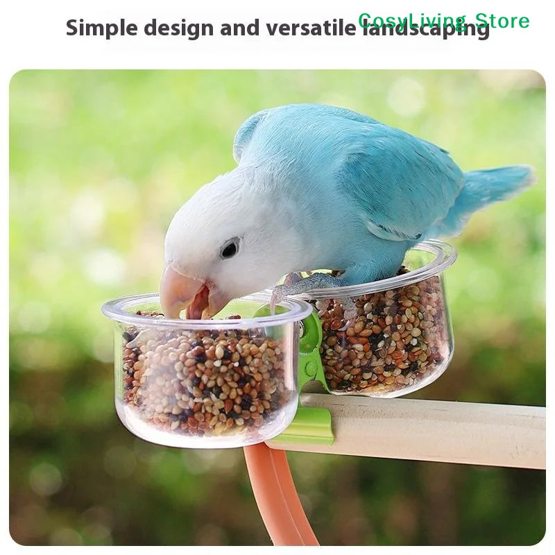A blue and white bird is feeding from a clear plastic cup feeder mounted on a wooden bracket.