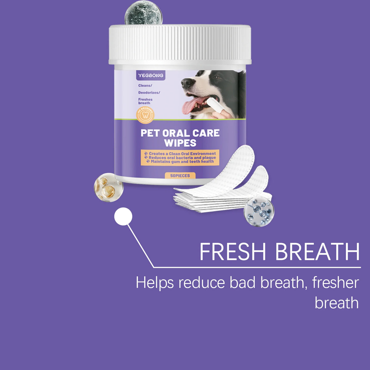 A jar of Pet Oral Care Wipes for dogs and cats with white wipes and a green lid.