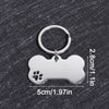 Silver bone-shaped dog ID tag with a circular keyring and dimensions listed.