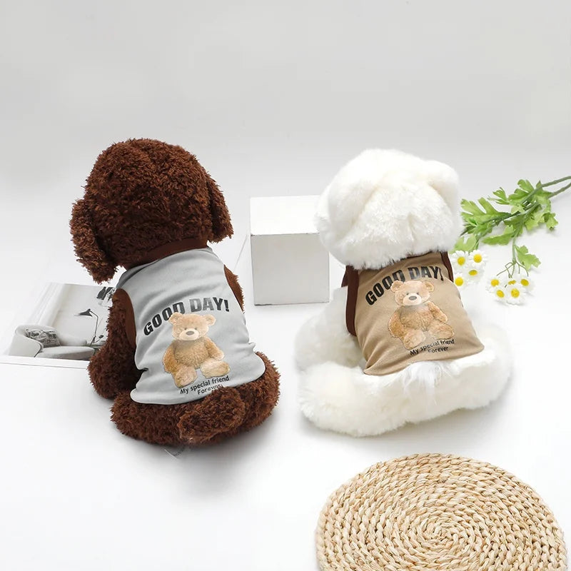A brown teddy bear wearing a gray t-shirt vest with a small bear graphic, next to a white fluffy bear wearing a tan t-shirt v