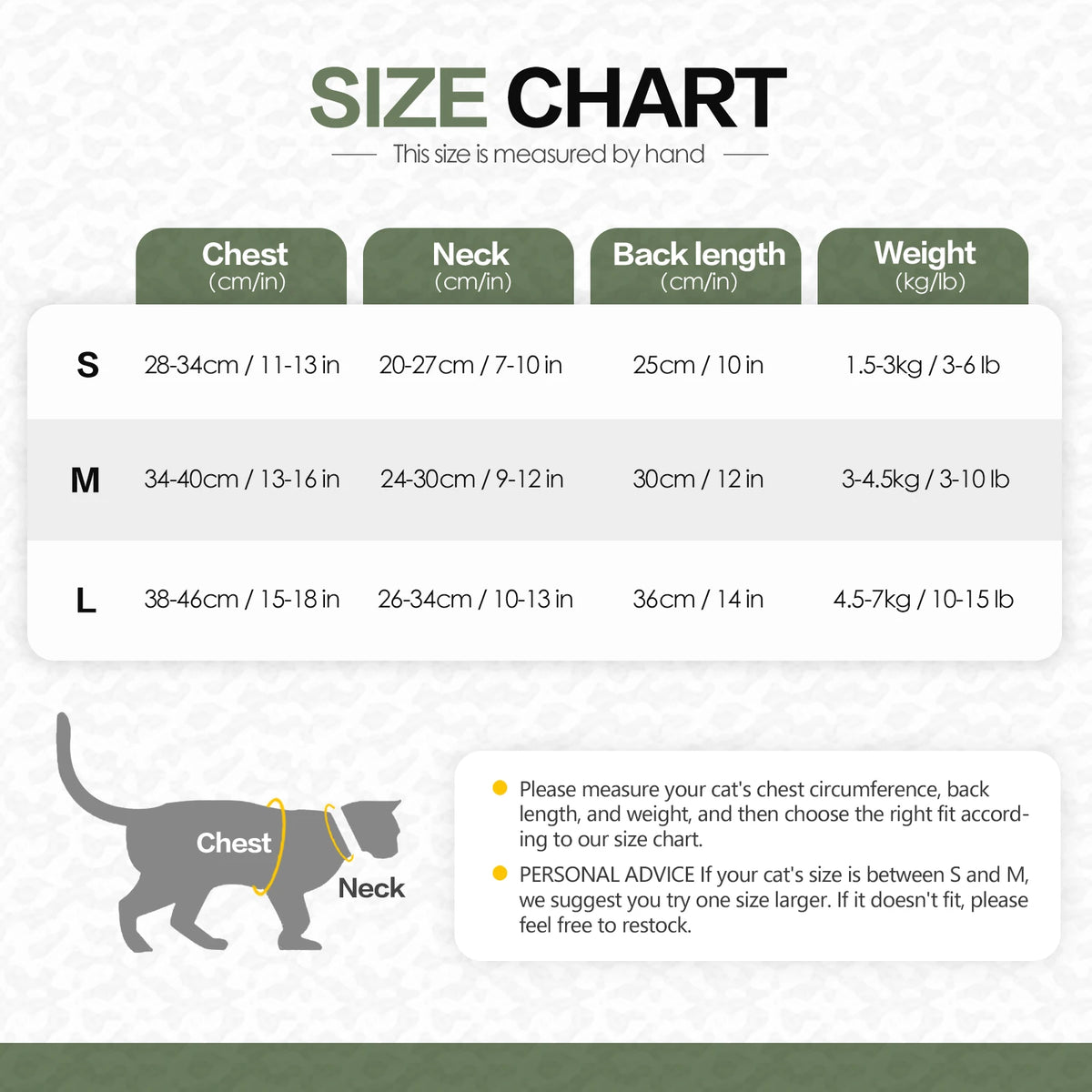 Tableau des tailles pour une combinaison de récupération vétérinaire pour chats, montrant les mesures pour les tailles S, M e