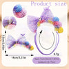 A set of purple and multicolored handmade dog hair bows with a purple elastic band shown next to size measurements.