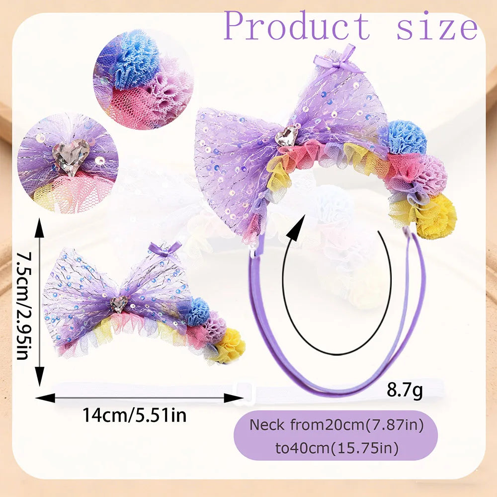 A set of purple and multicolored handmade dog hair bows with a purple elastic band shown next to size measurements.
