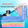 A collection of colorful pet deer skin towels and a storage bucket demonstrating strong suction.