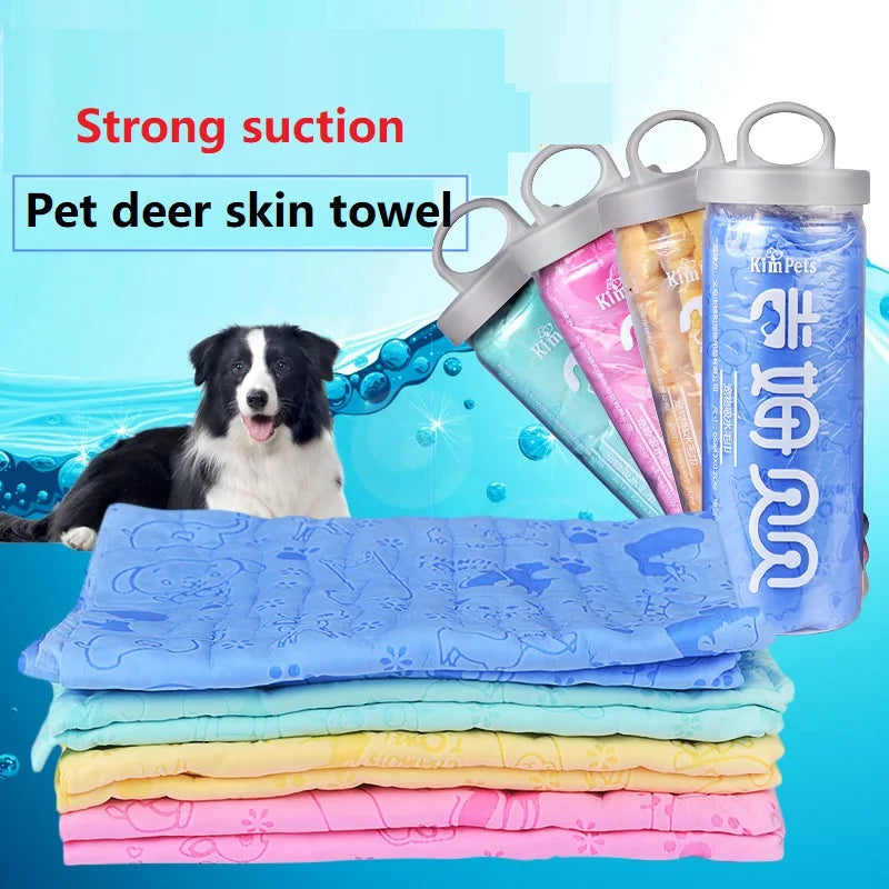 A collection of colorful pet deer skin towels and a storage bucket demonstrating strong suction.